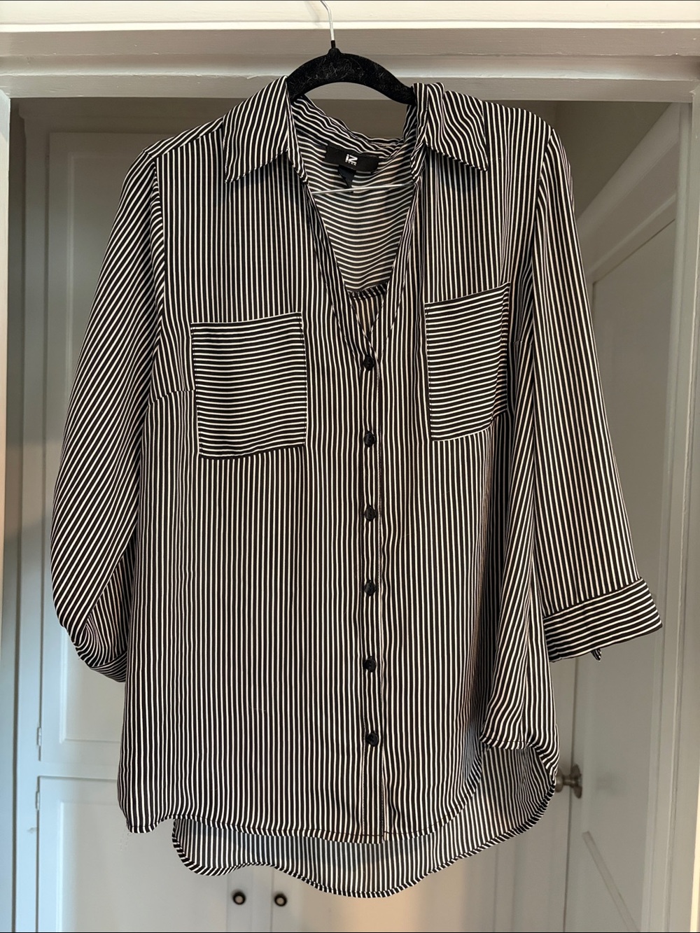 Iz Byer Black and White Vertical Stripe Button-Down Shirt